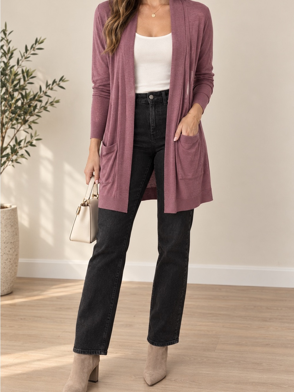 Express Dusty Rose Open-Front Cardigan